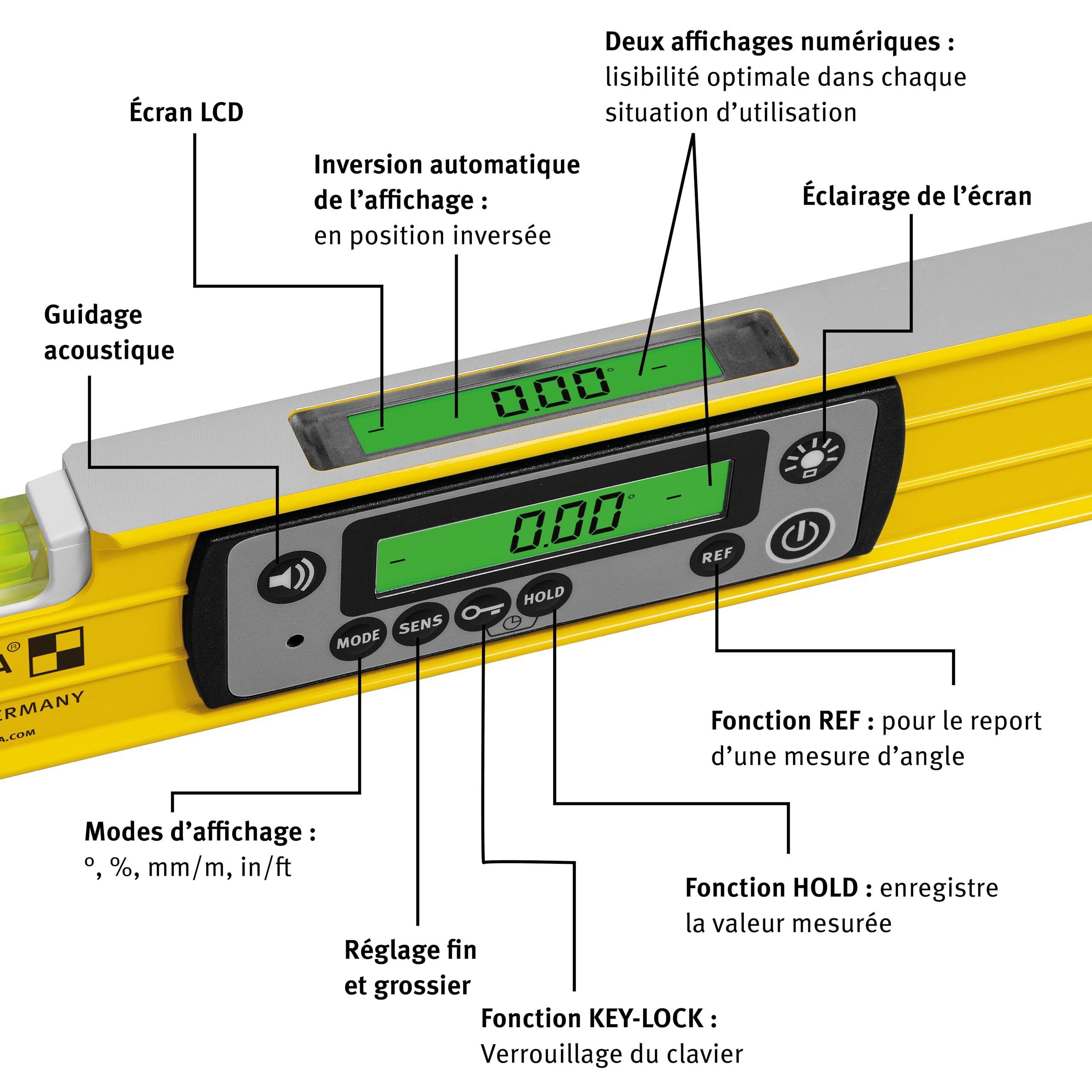 STABILA Niveau à bulle électronique TECH 196M DL - Niveau à bulle numérique étanche à l'eau et à la poussière selon IP 67-2 écrans numériques - Sans calibration - Avec sac - 61 cm