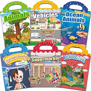 iGetooy 6-Pack Reusable Jelly Sticker Books for Toddlers 1-4 Years - Waterproof Travel Toys with Animals, Dinosaurs, Vehicles & More