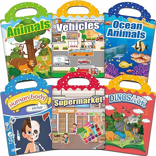 6 juegos de libros de calcomanías reutilizables para niños pequeños, libros de calcomanías de gelatina para niños pequeños, juguetes de viaje para