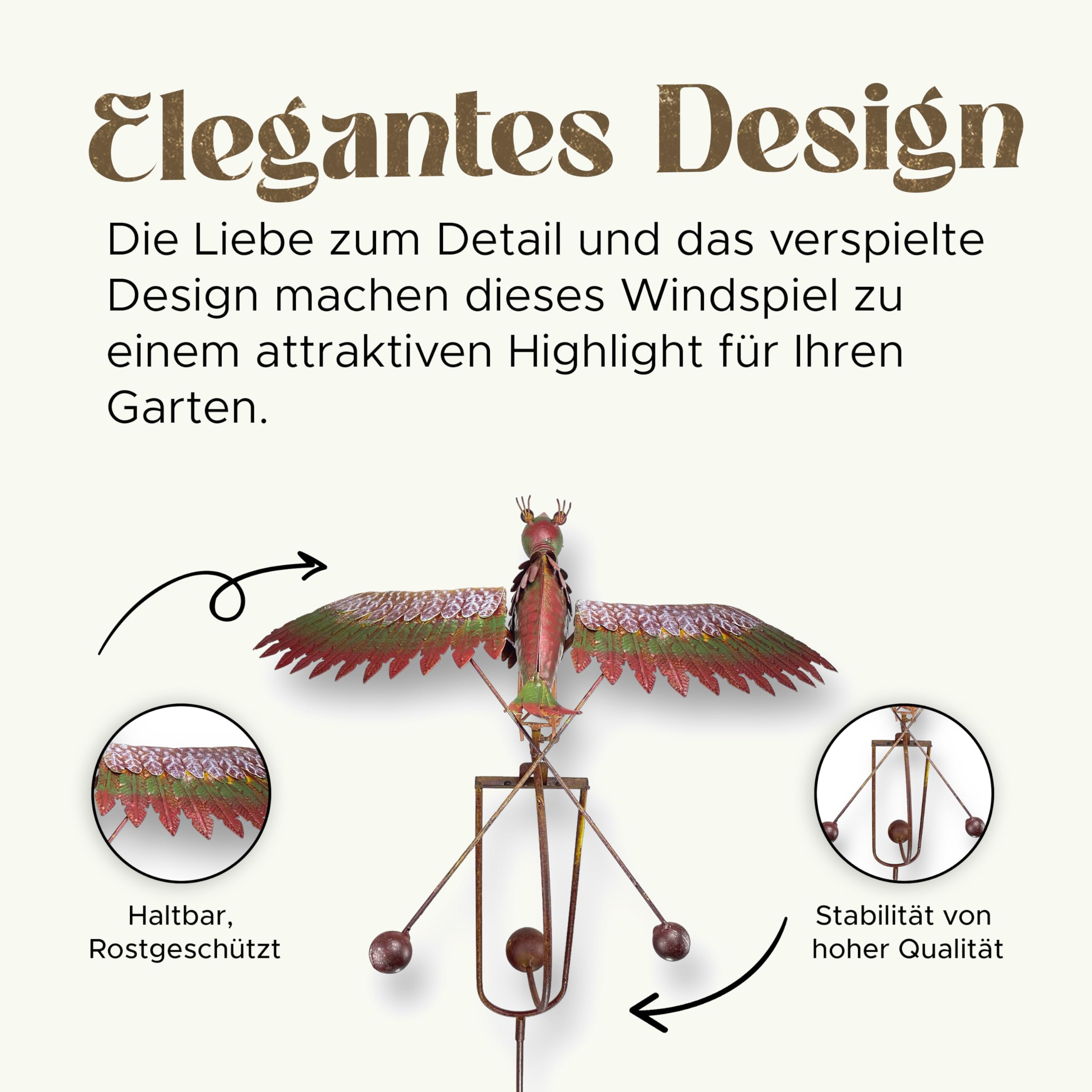 Crispe Home & Garden | Windspiel großer Vogel 138 cm | Deko Gartenstecker | Gartendekoration Metall | Gartendeko Vogel | Hochwertig und langlebig