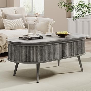Oval Coffee Table with Storage, Fluted Modern Coffee Table with Lift Top, Small Coffee Tables with Storage, Mid Century Center Table for Living Room Home Office, 39.4, Gray