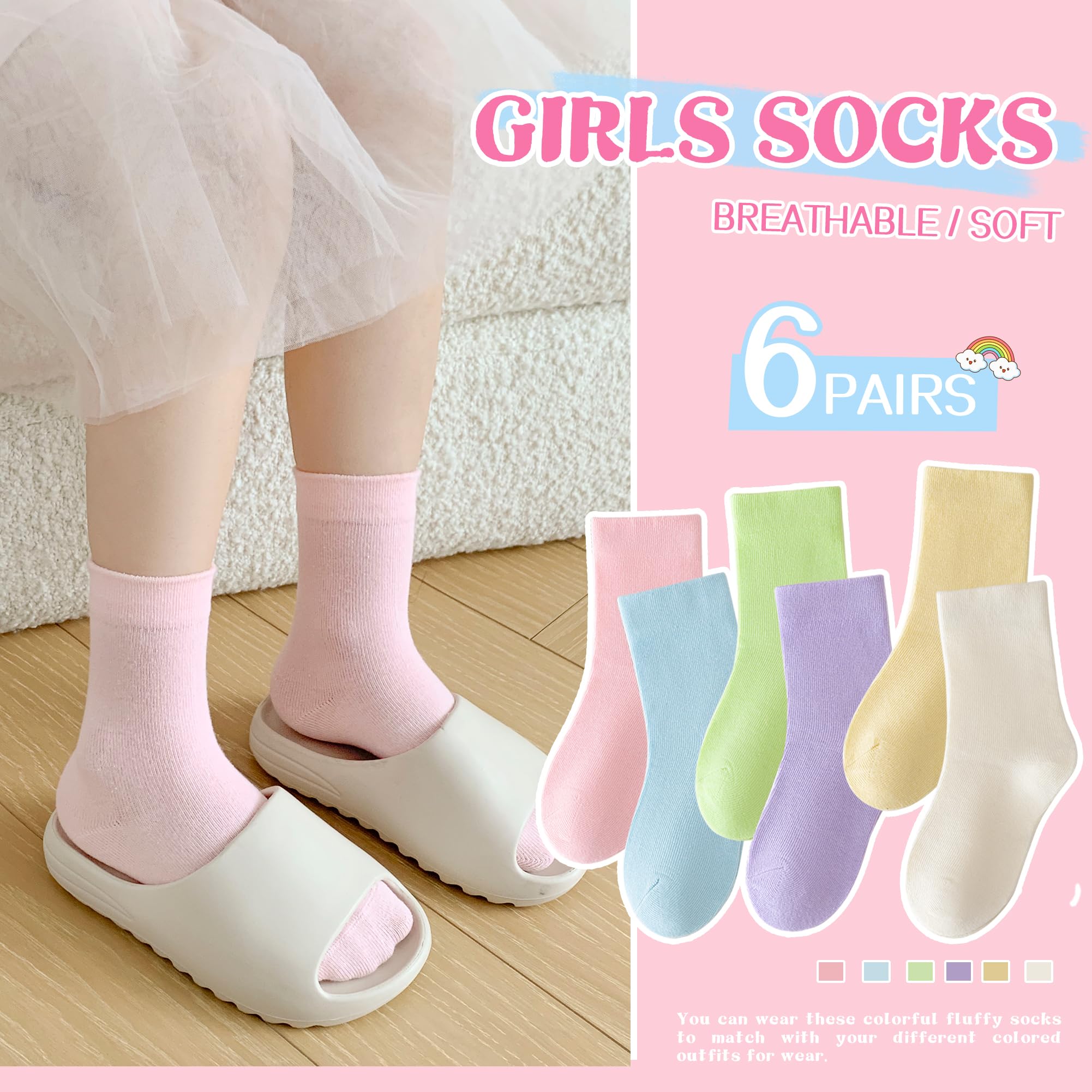 SEEYAN 6 paia di calzini da bambina in cotone rosa a righe con cuore colorato per bambini