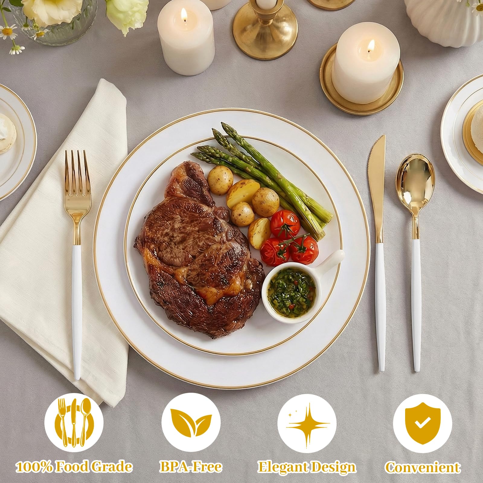 Gold Disposable Plates & Cutlery Set - Party Wedding -6