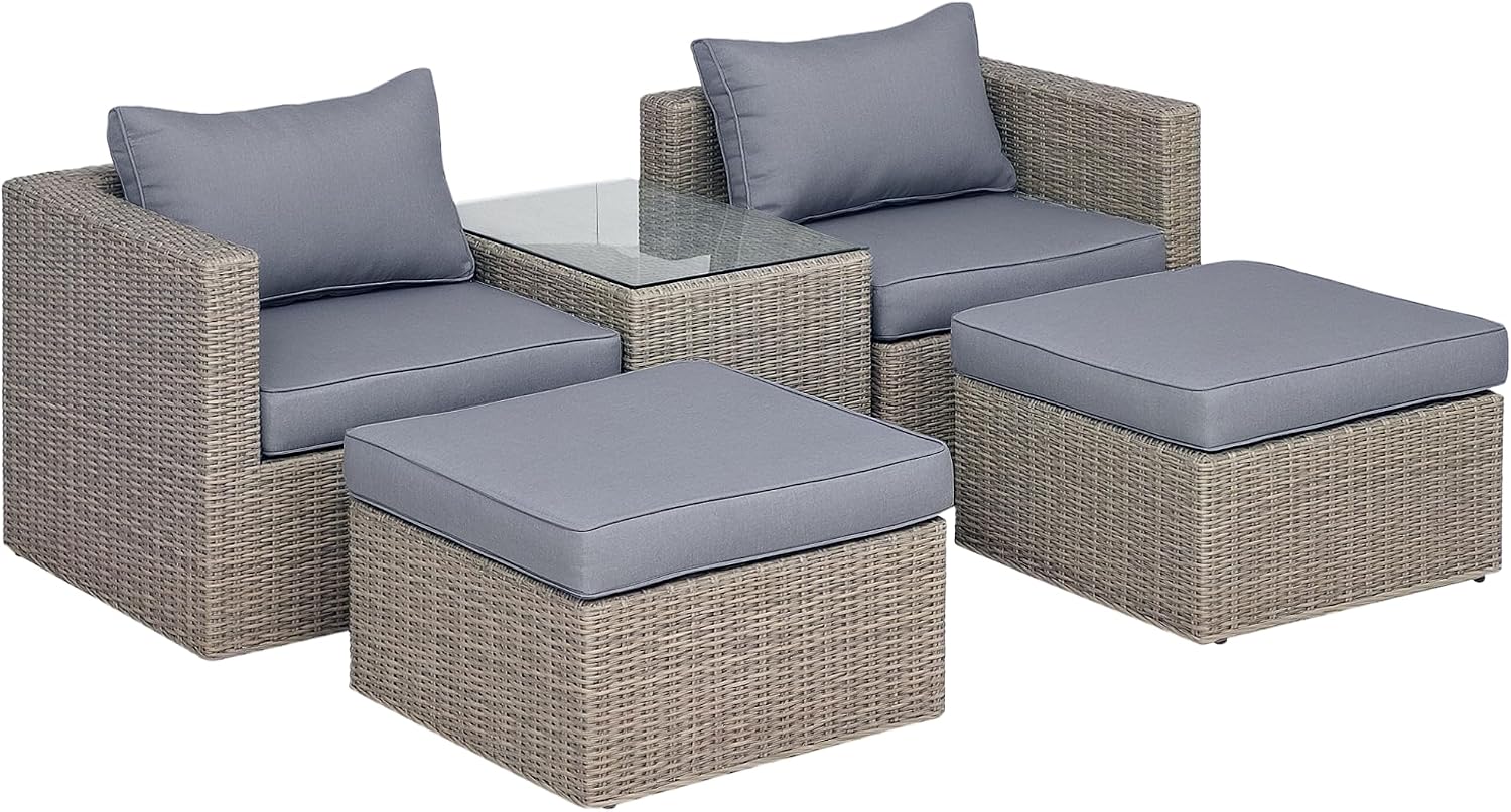 Outsunny 5 Piece Rattan Garden Furniture Set w/ 10cm Thick Cushions, Aluminium Frame Wicker Outdoor Balcony Sofa Set with Corner Armchairs, Ottomans, and Glass Top Table, Mixed Brown