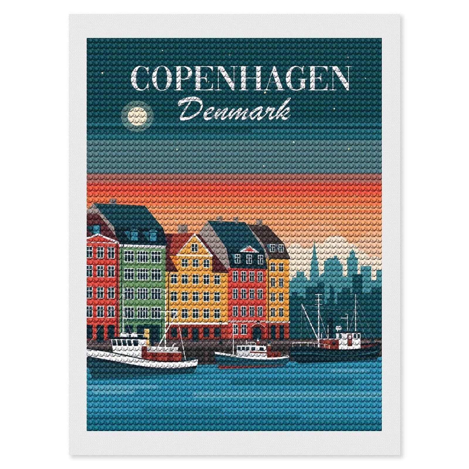Junmoney Copenhagen Denmark Skyline DIY Diamond Art Canvas Kit 12"x16", for Teens, Aesthetic Room Decor, Farmhouse Decor, Canvas Picture, Birthday Gift