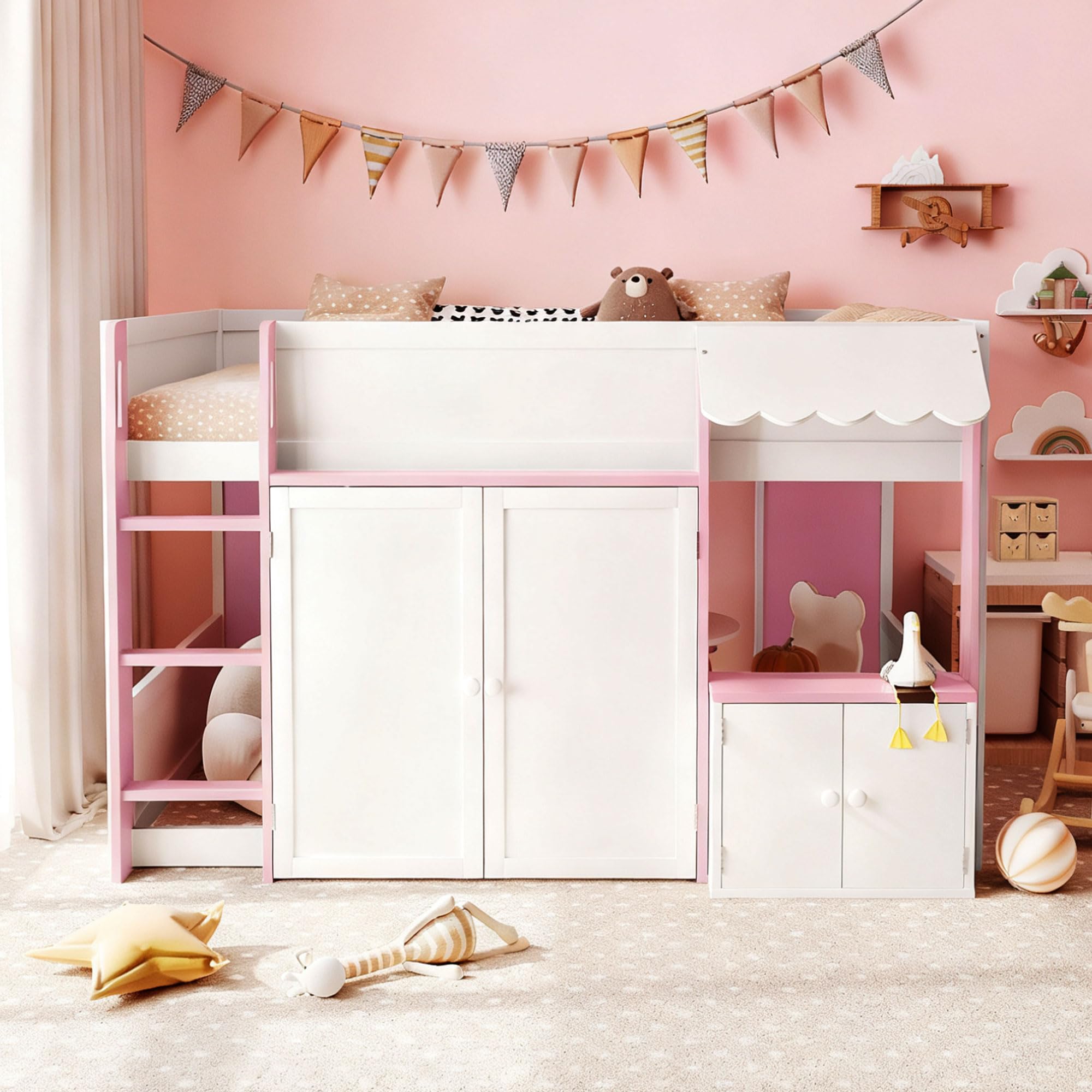 Full House Loft Bed with Playhouse &amp; Storage, Modern Wood Cabin Bed for Kids/Teens (White+Pink)