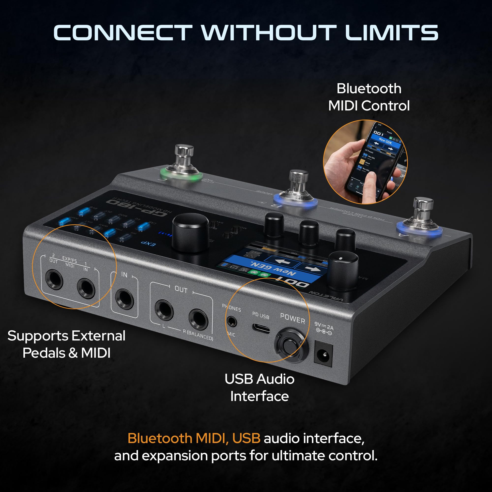 Valeton GP-180 Processore Multi-Effetti per Chitarra, Più di 200 Effetti, Modellazione NAM SnapTone, Caricatore IR, Looper, Drum Machine, Interfaccia Audio USB, Bluetooth MIDI, 3 Pedali a Interruttore