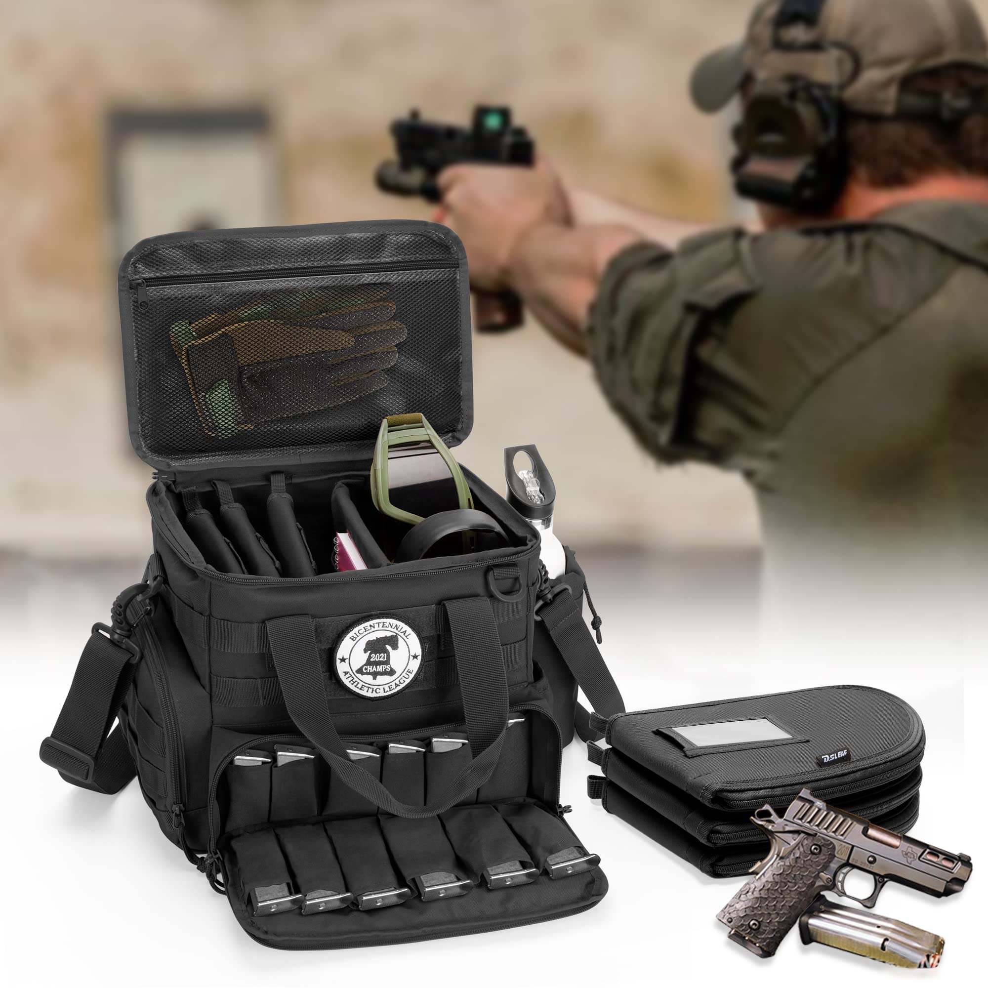 DSLEAF Borsa per pistola tattica con 3 custodie per pistola, borsa per pistola con 12 scomparti per caricatori e tasche extra per tiro e caccia (progettazione brevettata)