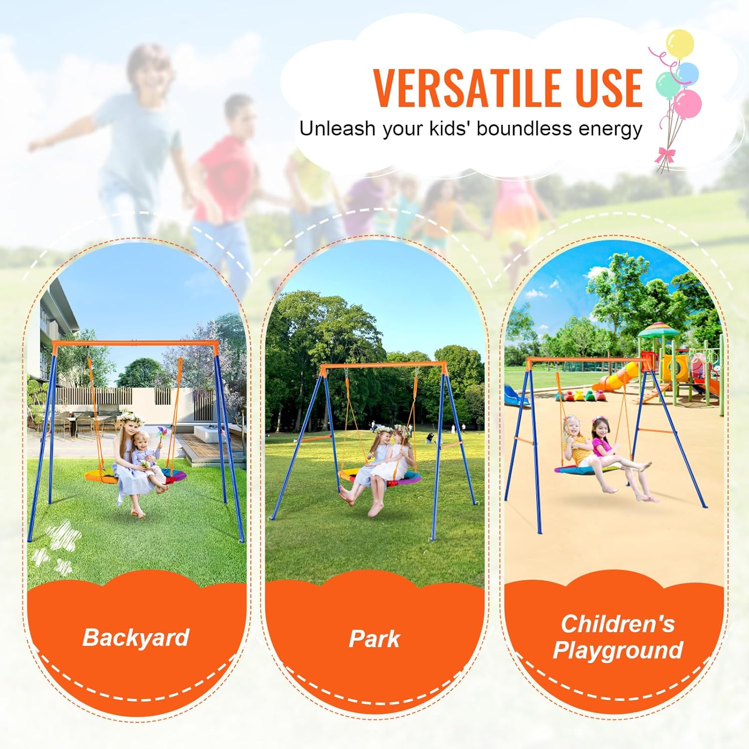 VEVOR Backyard, 440lbs Load Capacity Set, 40" Saucer Seat with Heavy Duty A-Frame Metal Swing Stand and Adjustable Rope, Easy, Swingset Outdoor for Kids, Multicolor, Max Assembled Size