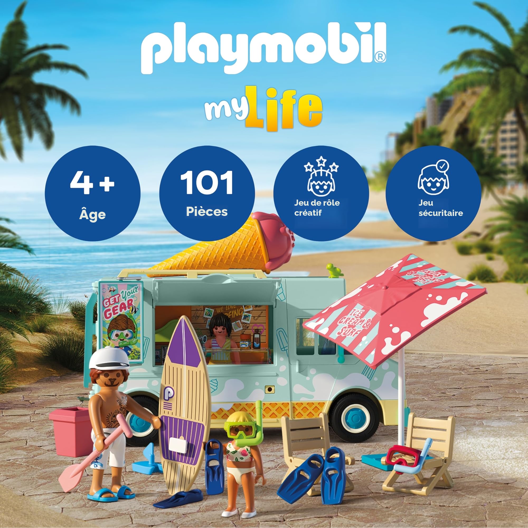 Playmobil | Vacation on The Beach | Ice Cream Truck avec Surfshop | Jouets à partir de 4 Ans | Cadeau pour Enfants | Encourage la créativité | Aventure à la Plage avec Figurines & véhicule | 71904