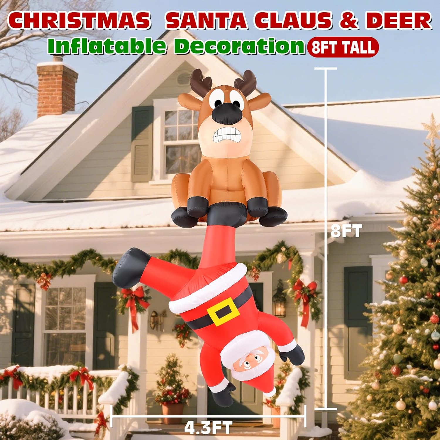 Christmas Inflatable Roof Outdoor Decorations, 8FT Inflatables Reindeer & Climbing Santa, LED Lights Blow up Holiday Hanging Decor for Window Indoor Rooftop Outside Balcony Garden Restaurant Café