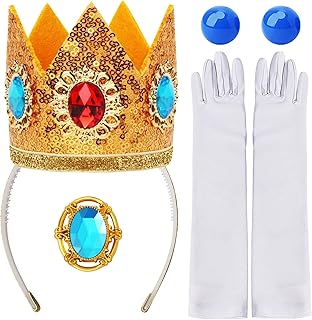 HEYFIZZ Set of 4 Princess Peach Crown Accessories Kit,Princess Dress Up Accessories for Kids Girls,Include Peach Tiara Crown/Brooch/Earring/ Glove