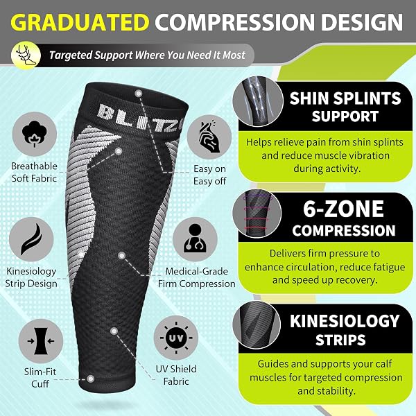 BLITZU Calf Compression Sleeve for Men & Women Footless Compression Socks Support Runners Leg Sleeve Shin Splints Pain Relief - 3