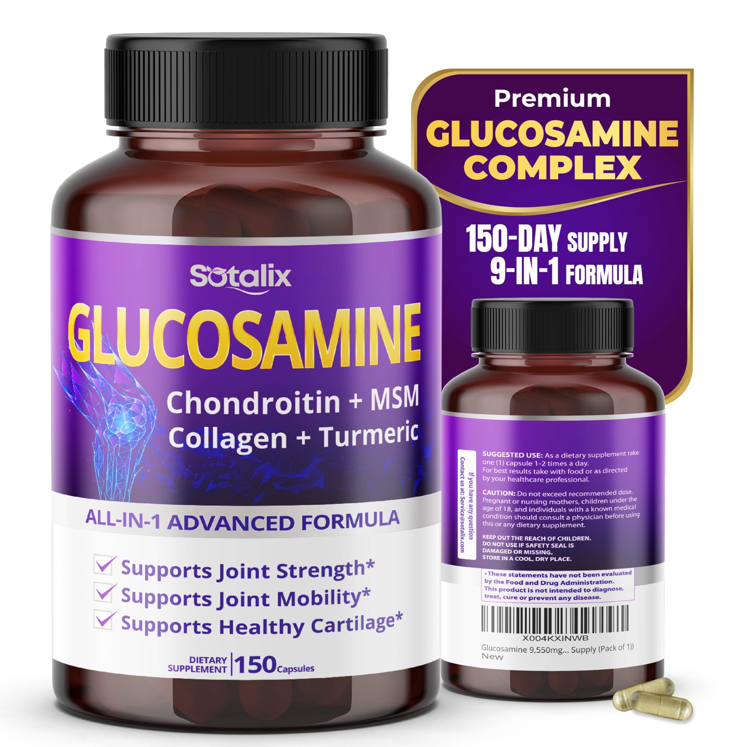 Sotalix Glucosamine 650mg – All-in-1 Joint Support with Chondroitin, MSM, Collagen, Turmeric, Vitamin D3 & Hyaluronic Acid – 150 Capsules – Shellfish-Free