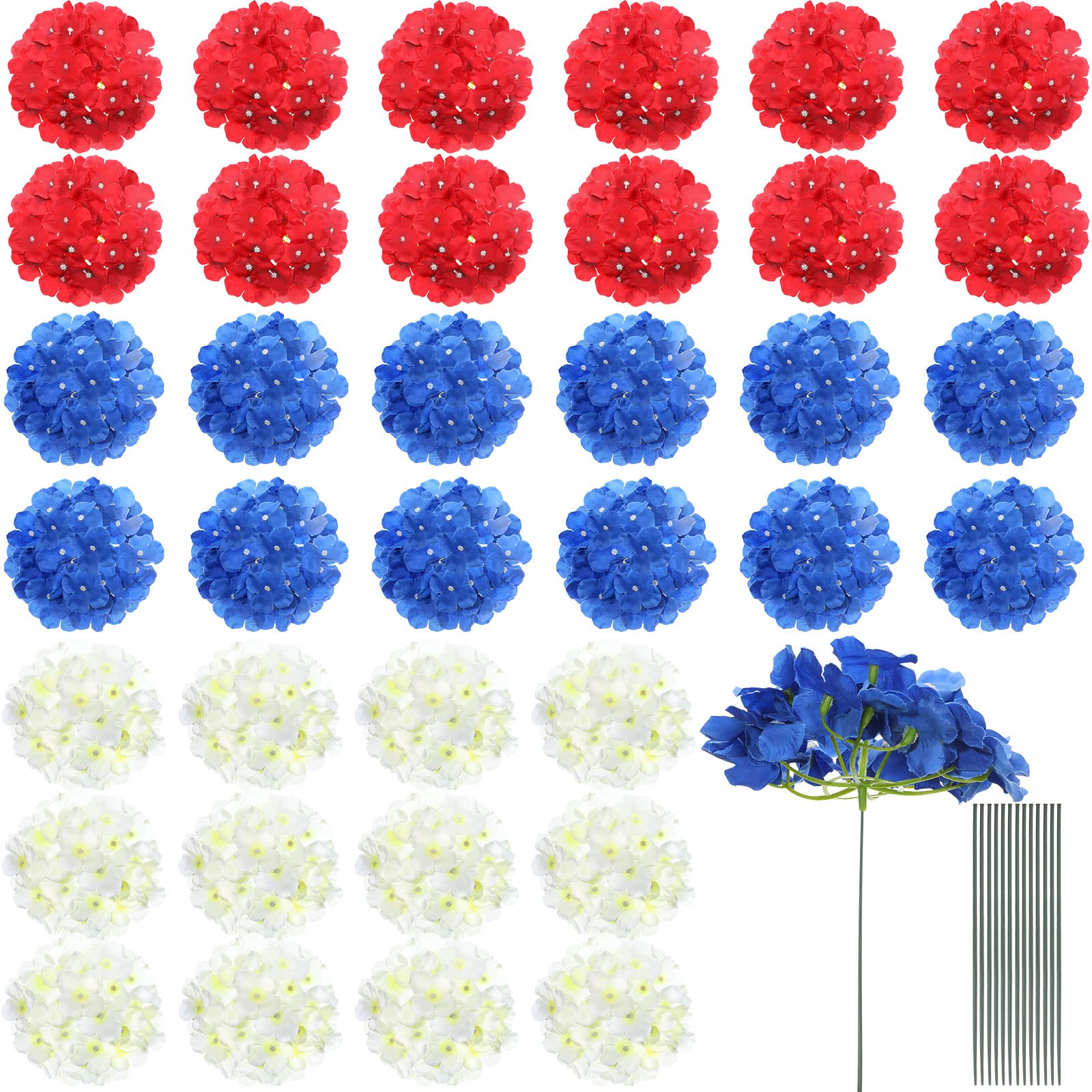 Photo 1 of Jexine 36 Pieces Hydrangea Flowers 4th of July Fake Full Hydrangea Flowers Patriotic Faux Artificial Hydrangea Flowers with Stems for Independence Memorial Day Home Kitchen Decor (Multicolor)