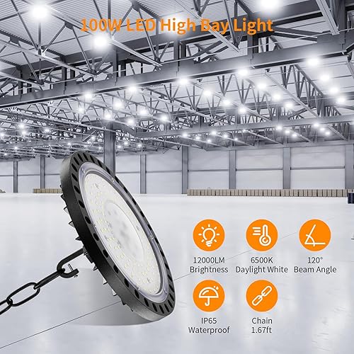 Miniatura 4 de Luz LED de alta bahía 100W 21,000LM | Luces LED UFO LED de alta bahía de 5000 K para iluminación comercial de bahía, luz de área de almacén,