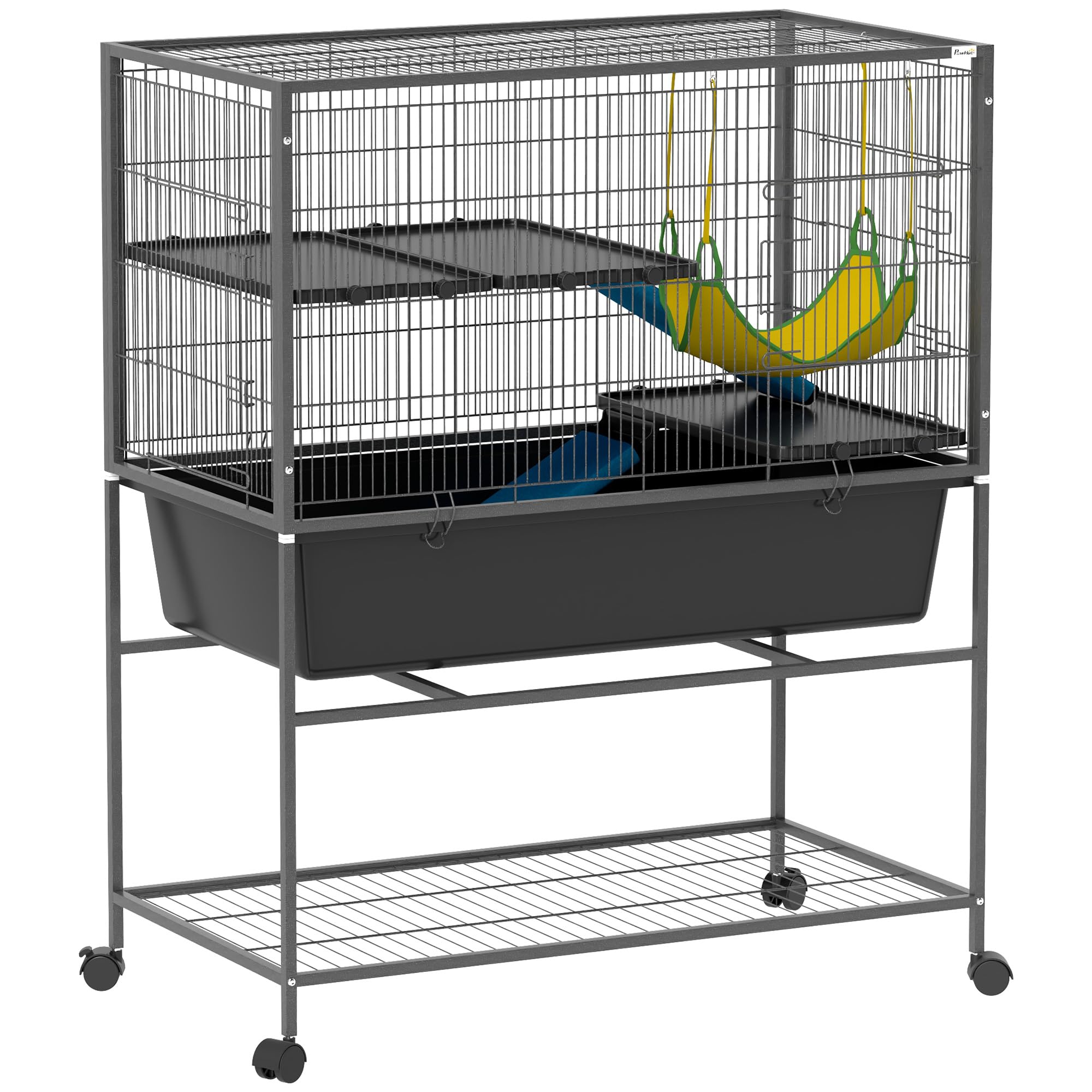 PawHut Jaula Grande para Hurones de 3 Niveles Jaula para Conejos con Ruedas Rampas Hamaca y Bandeja Extraíble Jaula para Animales Pequeños Roedores Chinchillas 88x48x102 cm Gris Oscuro