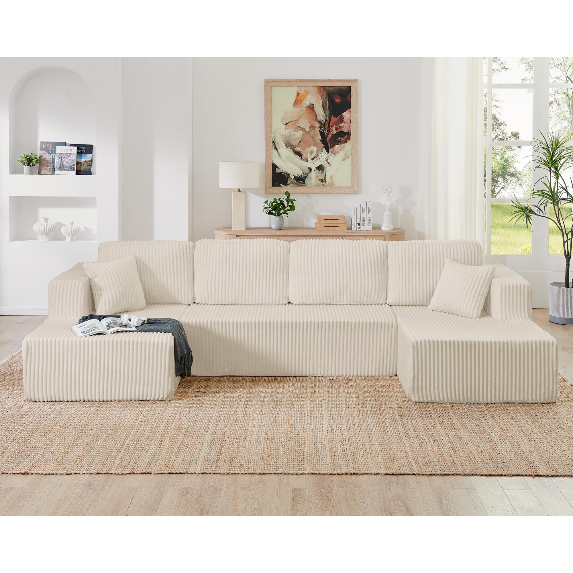 HYJT-H&K Modular Sectional Sofa Cloud Secttional Couch, 132" Comfy U Shaped Couches for Living Room, Deep Seat Memory Foam Fluffy Plush Corduroy Boneless Couch Sectionals with Chaise, White