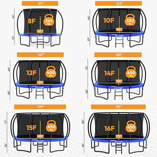 Miniatura 8 de Jumpzylla - Cama elástica recreativa para niños, con red de seguridad, escalera y revestimiento antioxidante, de 8, 10, 12, 14, 15 y 16 pies