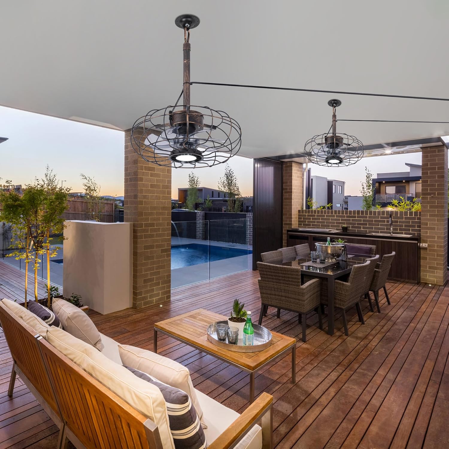 Outdoor Ceiling Fan with Lights, 15" Weatherproof Gazebo Hanging Fan with Remote Control Smart App, Plug in Caged Ceiling Fan with 3CCT Dimmable,Ceiling Fan with Hanging Hook for Porch, Pergola,Canopy