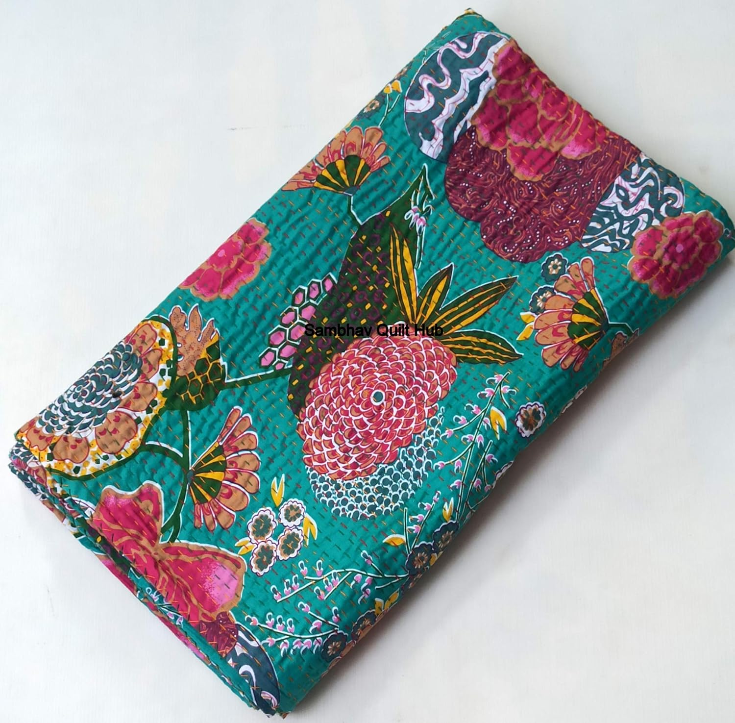 Turquoise Fruit Kantha with 2 Pillow Cover Vintage Ethnic Cotton Fruit Kantha Quilt Coverlet Bedspread Patchwork Stitch Blanket Twin/Queen/California King Size (108X108 inches)