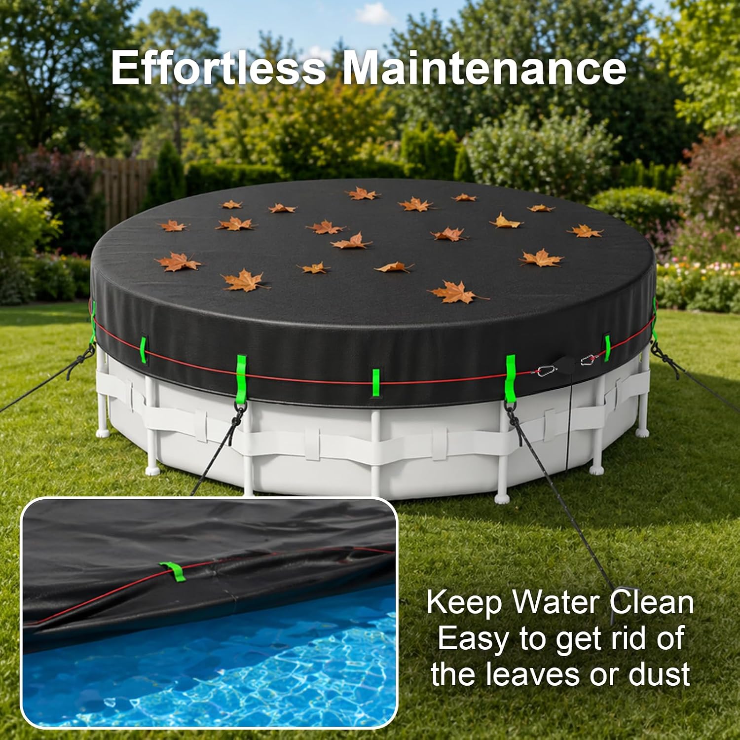 14ft Round Pool Cover for Above Ground Pools, 420D Tear & UV Resistant Solar Pool Cover, Triple Wind Protection with Pully Tensioner, Elastic Hem & Ground Nails, Snug Fit & Weatherproof