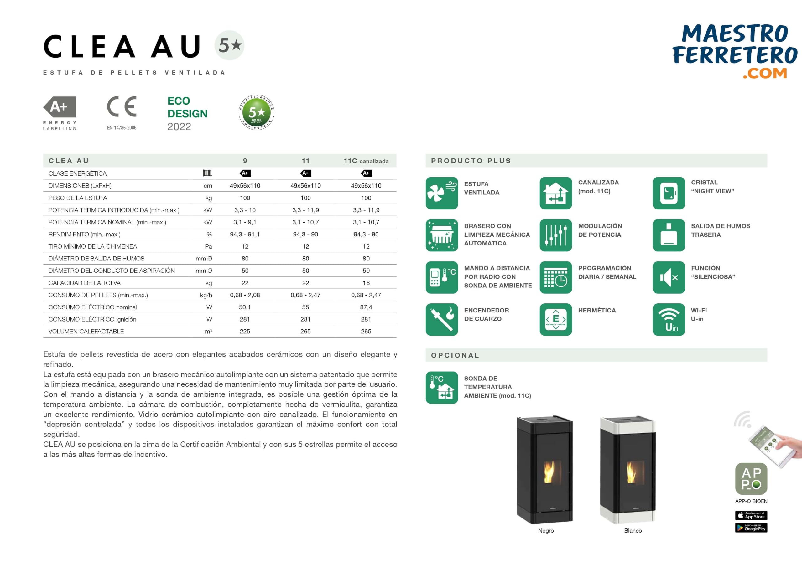 Estufa de Pellets Canalizable 11 kW CLEA AU Blanca hasta 98 m²