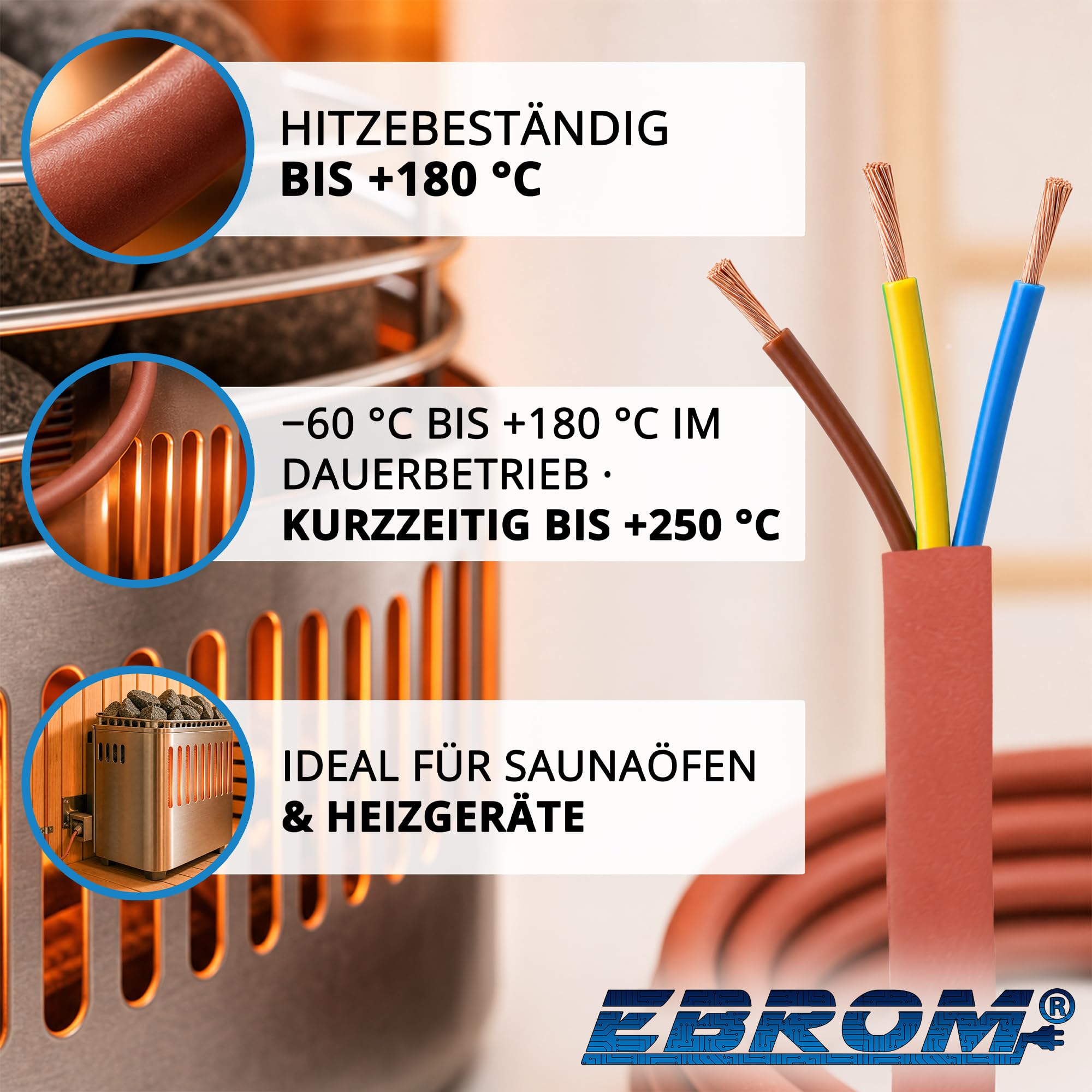 SIHF-J, cavo per sauna, in silicone, al metro, 3 x 2,5 mm², rame OFC zincato al 100% -