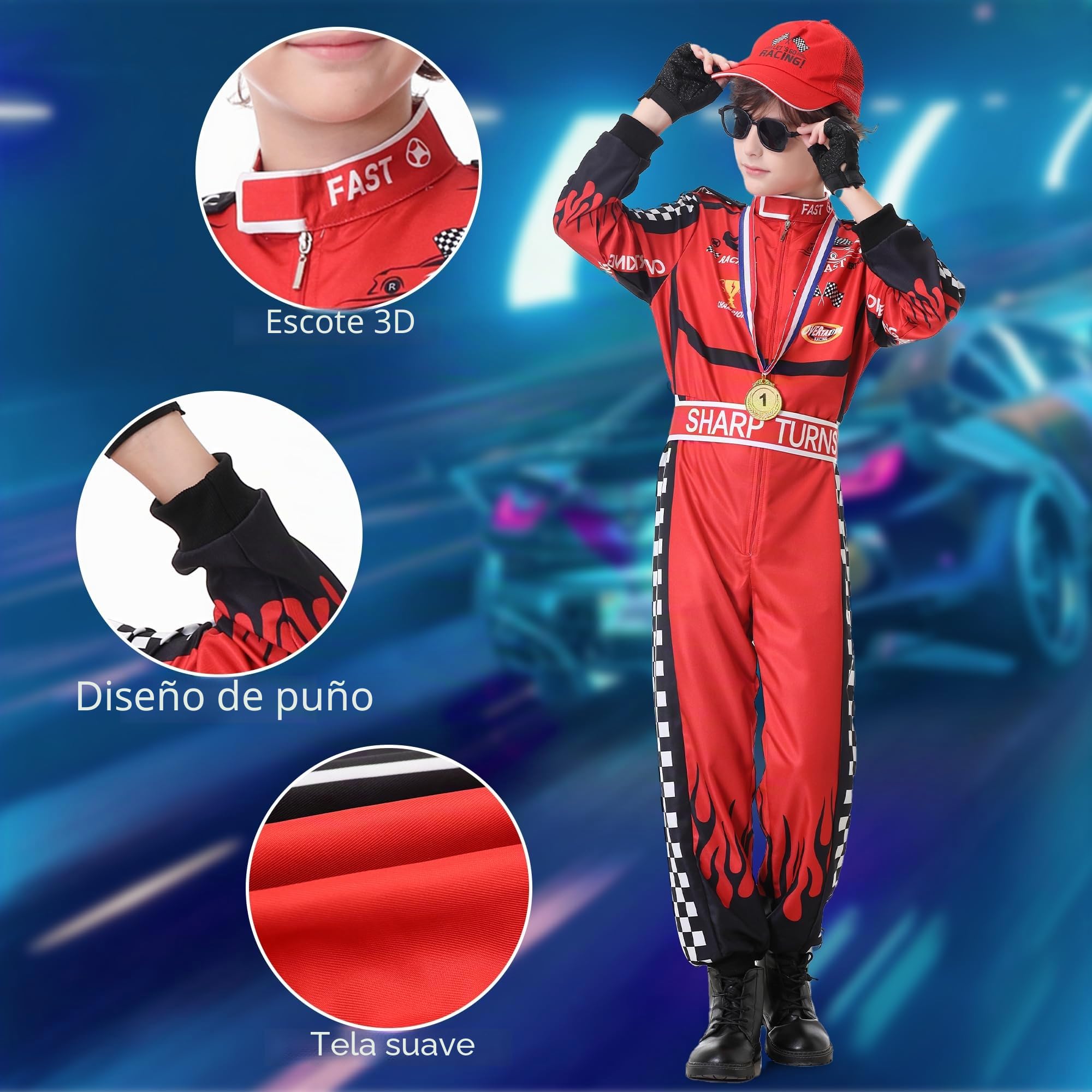 Disfraz de Piloto de Coche, Ropa para Pilotos de Carreras, Dress Up con Guantes Gafas de Sol Gorro