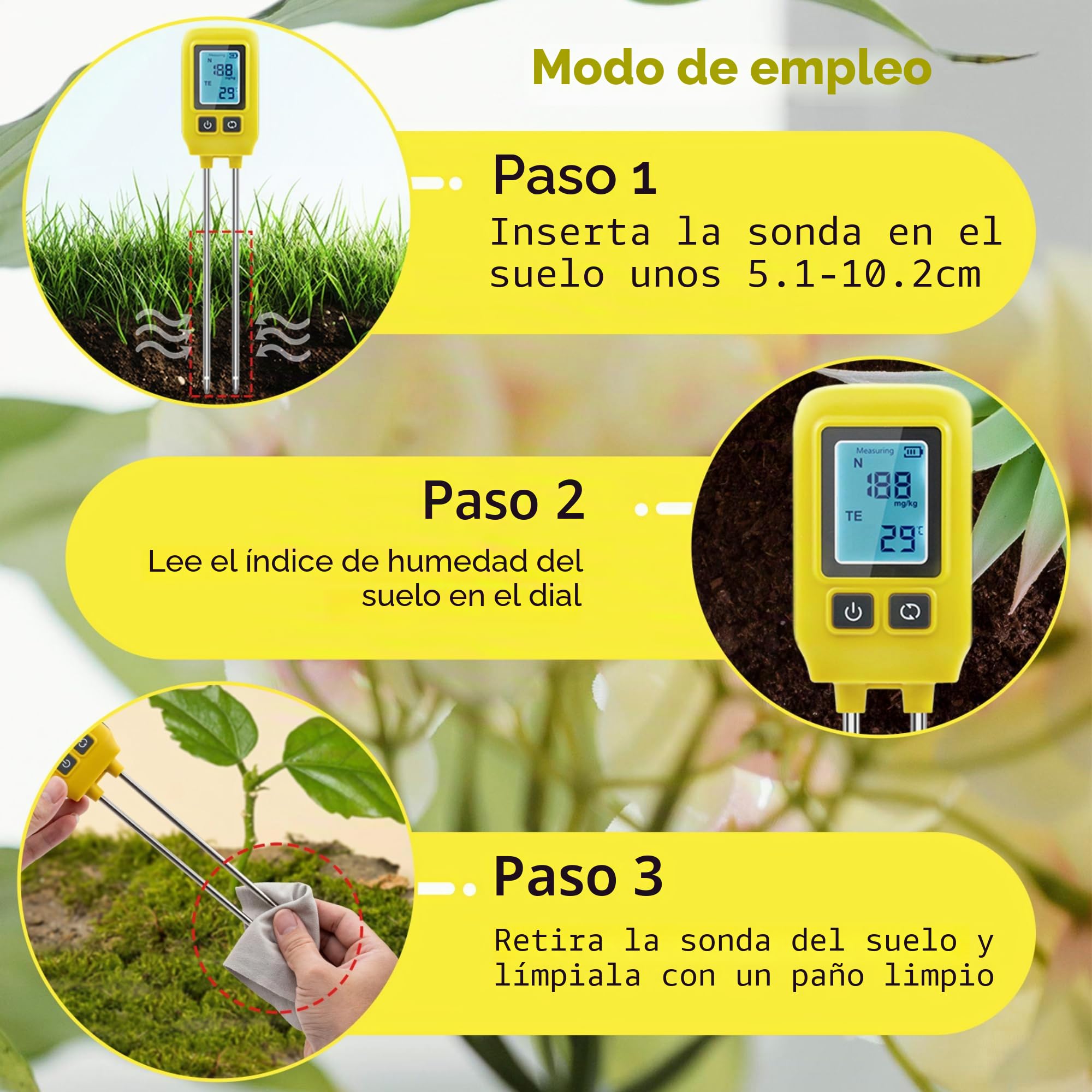 Mcbazel PNK Medidor de Suelo Instrumento de Medición de Suelo 4 en 1, Detector de Elementos Traza, Detección de Elementos de Salud del Suelo para Nitrógeno/Fósforo/Potasio/Temperatura del Suelo