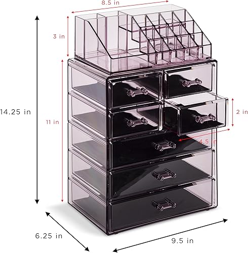 Miniatura 4 de Sorbus Contenedor y exhibidor de acrílico para guardar cosméticos, maquillajes y joyas. Diseño espaciado. Excelente para el baño, la cómoda, el