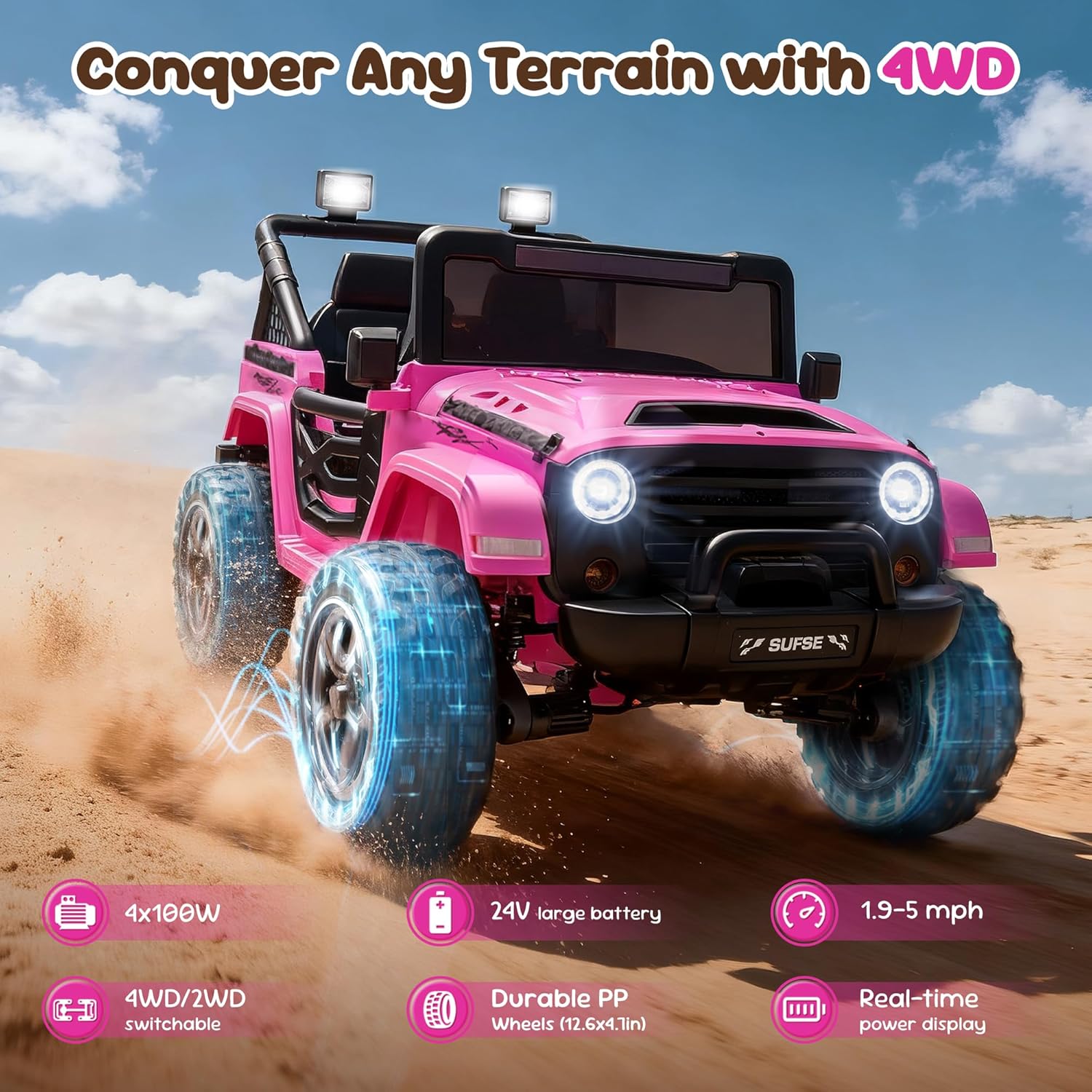 24V 2 Seater Ride On Car for Kids Ages 3-8, 4WD Electric Ride On Truck with Remote Control, Real-Time Battery Indicator, Bluetooth Music, 132 lbs Load Capacity, Gift Toy Car (Classic Pink)