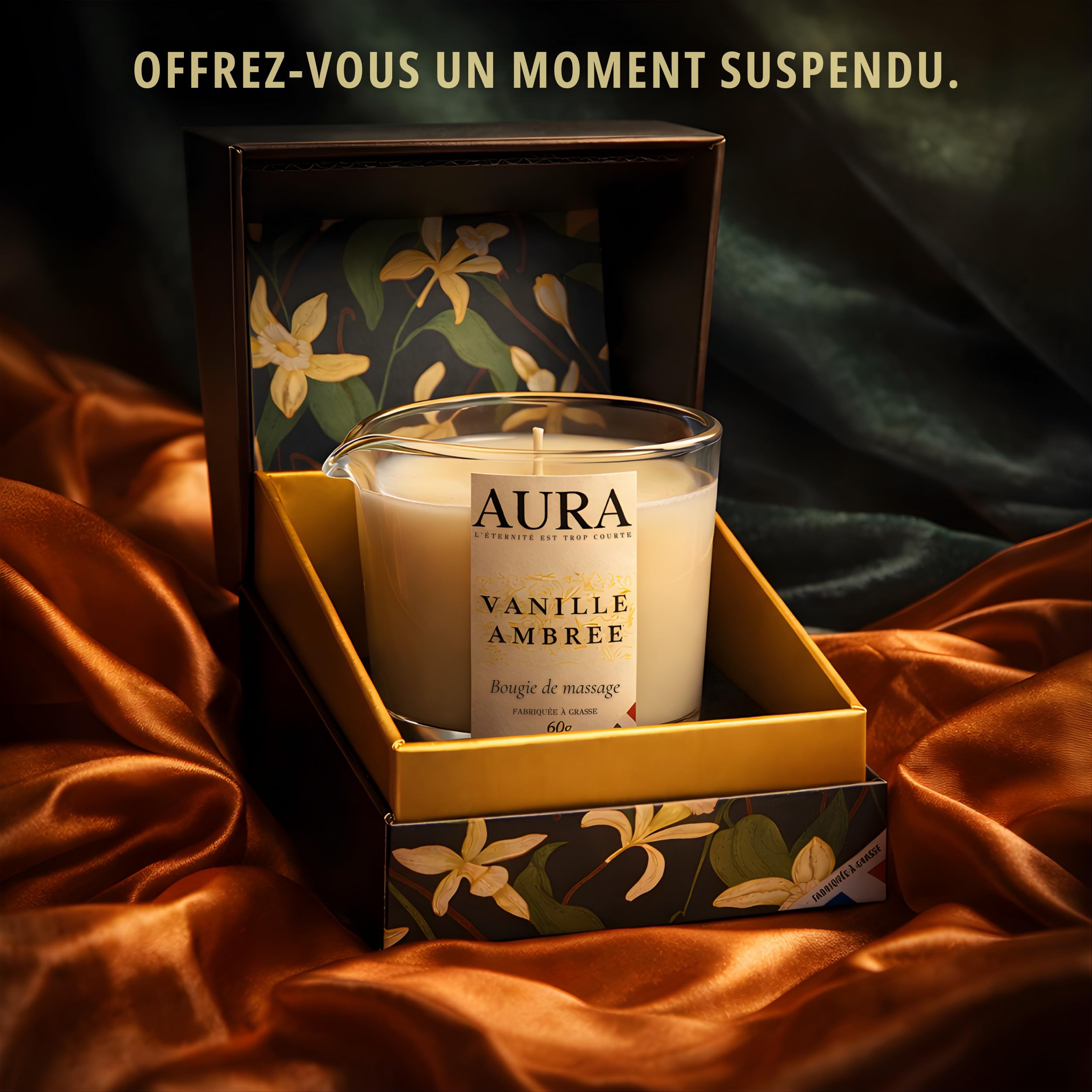 Bougie de Massage AURA Premium Vanille Ambrée | Fabriquée à Grasse | Cire d’Abeille & Soja, Huile de Coco | Se Transforme en Huile de Massage Nourrissante, Soin Corps Relaxant | Idée Cadeau