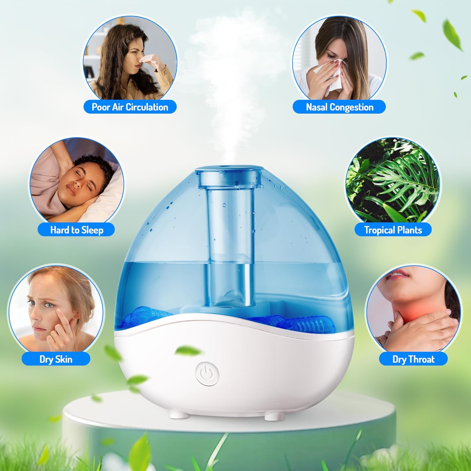 Cool Mist Humidifiers for Bedroom - 1.5L Small Quiet Ultrasonic Air Humidifier with 5 Filters Colorful Night Light for Baby Kids Plants Office Nursery Work Home Living Room Office Indoor (Blue)