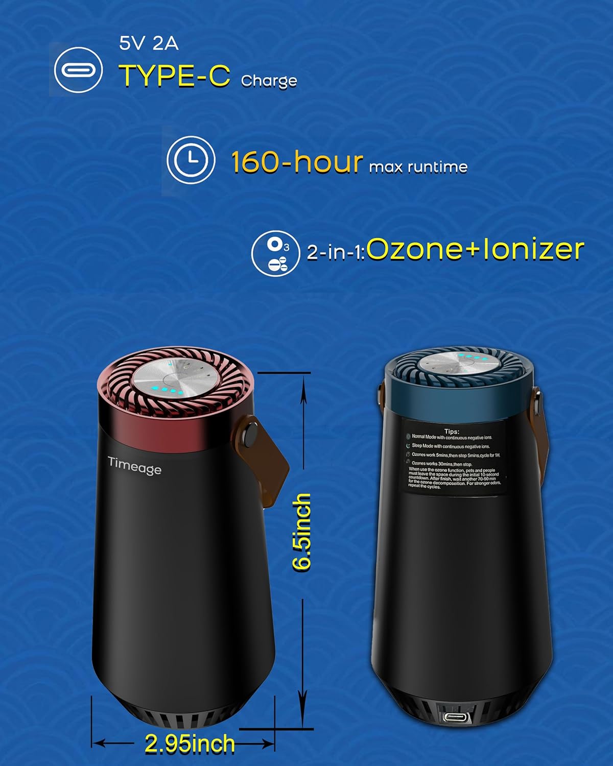 Ozone Generator for Car, 2-in-1 Ozone Machine+ Air Ionizer to Clean Pet Odor, Cigarette Smell, Dust,Pollen for Travel, Home, Portable Size, Filterless, Rechargeable,Odor Deodorizer
