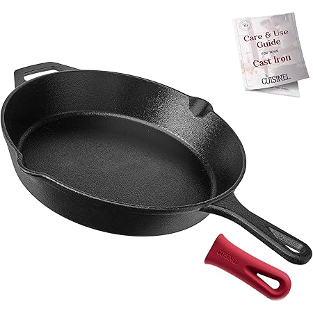 Cuisinel Cast Iron Skillet - 12"-Inch Frying Pan with Assist Handle + Red Silicone Grip Cover - Pre-Seasoned Oven Safe Cookware - Indoor/Outdoor Use - Grill, Stovetop, Induction, BBQ and Firepit Safe