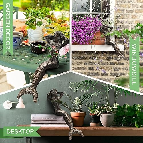 Miniatura 7 de Sungmor Estatua de sirena de hierro fundido resistente, 10.2 in de alto, gran escultura para el hogar y el jardín para decorar