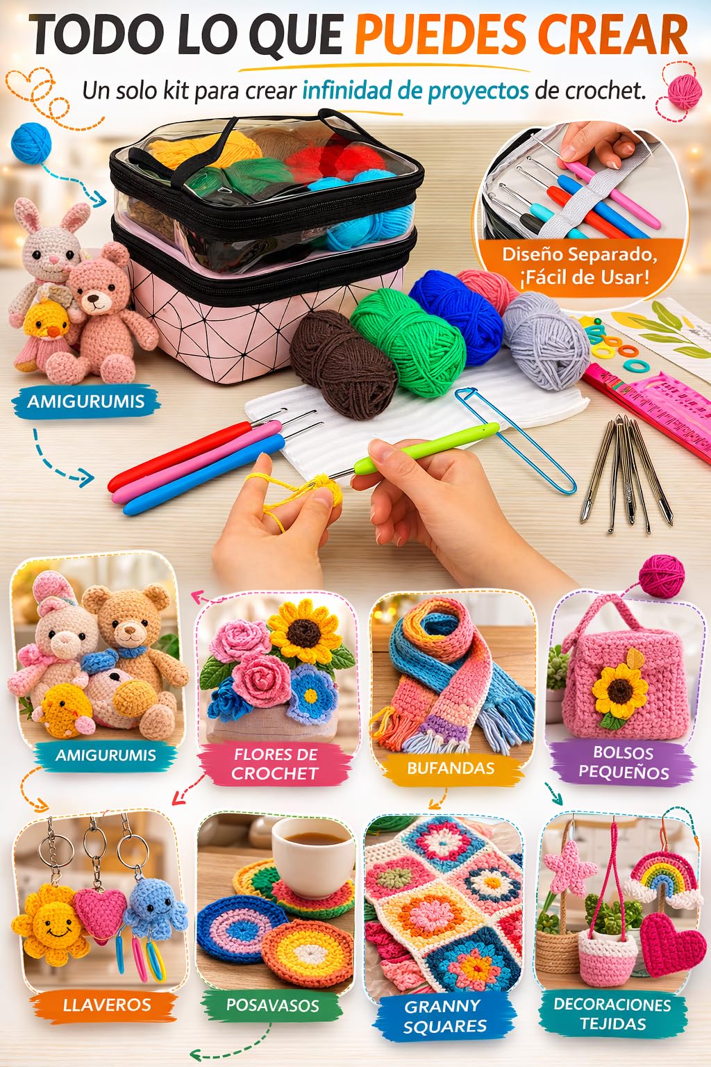 Ganchillos Crochet Kit Principiantes 105 Piezas- Manualidades Adultos Ganchillo Kit Crochet Principiantes Premium- Incluye 18 Ovillos de Lanas, Agujas Crochet, Marcadores, Hilo Crochet, Tijeras...