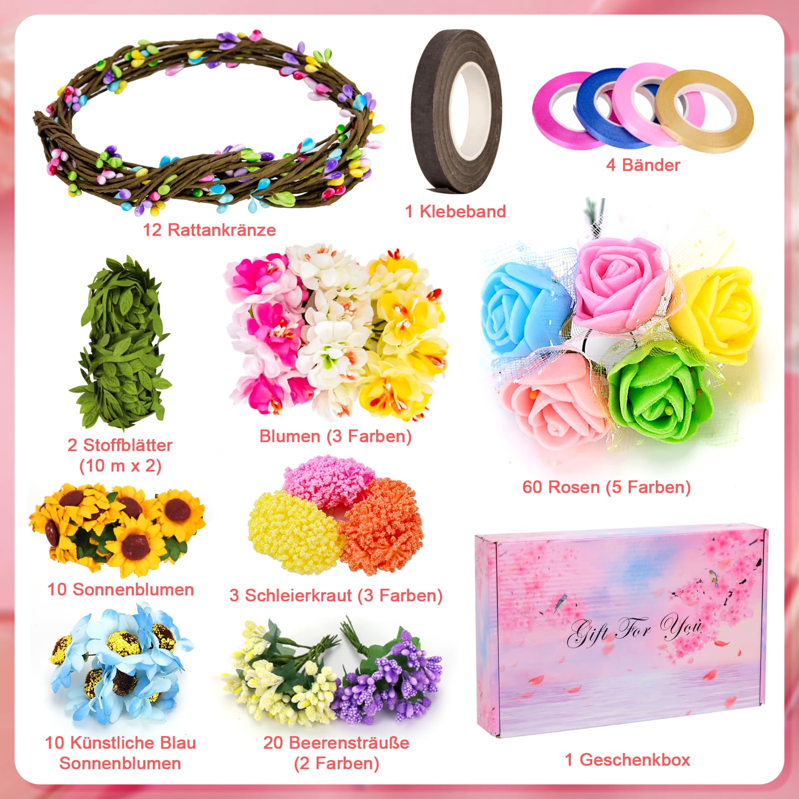 Meetory Couronne de fleurs à fabriquer - Couronne de fleurs pour cheveux décoration, Kit de bricolage DIY pour adultes, Kit de bricolage pour anniversaire femme coiffure, Fête de mariage/vacances