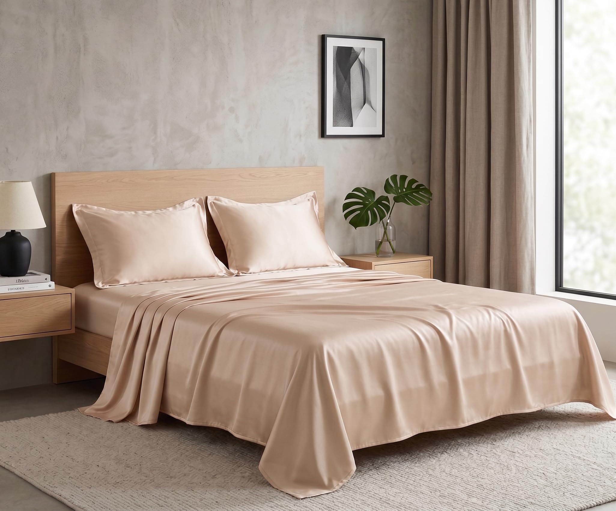 Furnistitchs Super King Size Silk Satin Bedsheet 274x274 cm / 108x108 inches Plain Solid Color Soft Silky Luxury Flat Sheet with 2 Pillow Covers - Almond Lustre-image-7