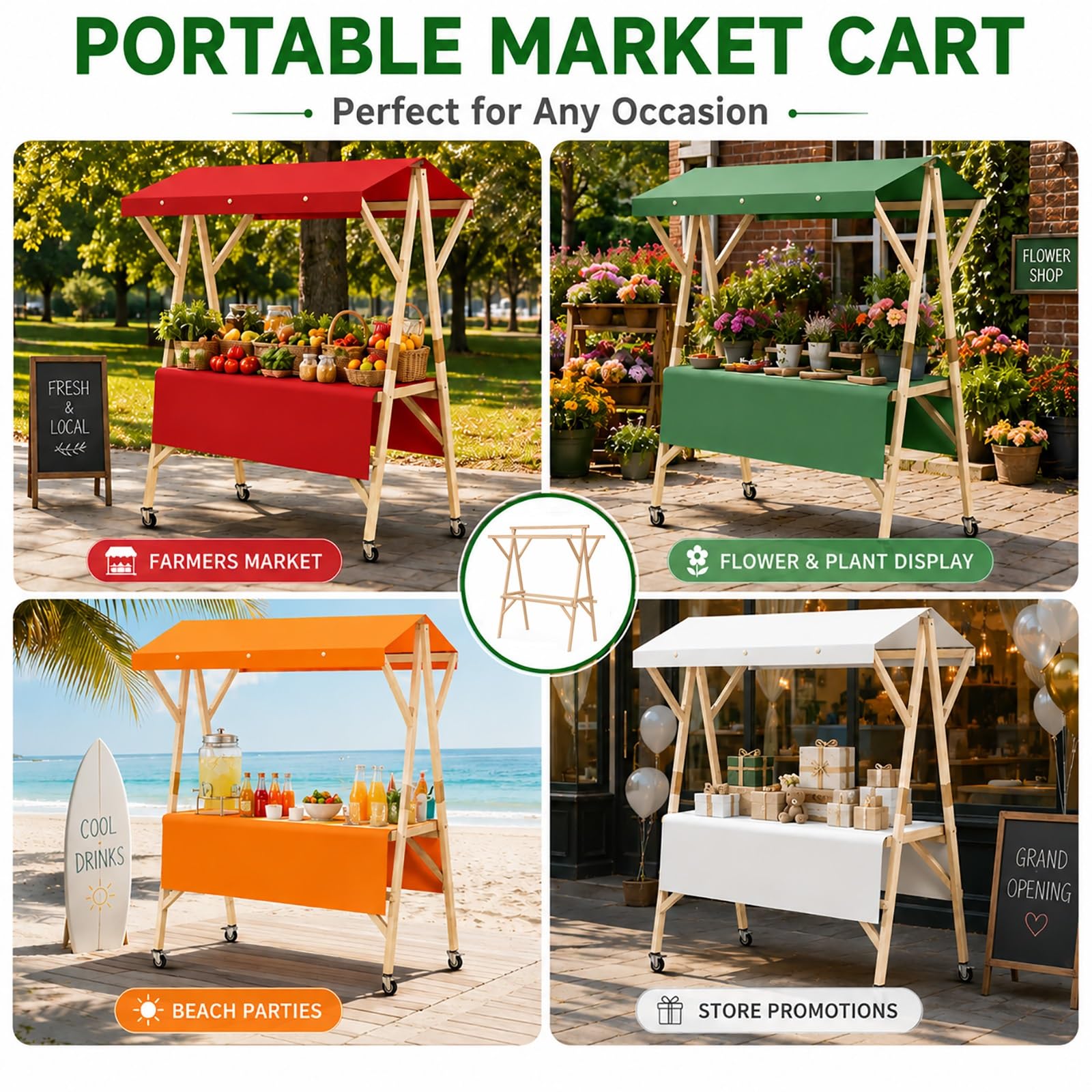 Carrello portatile con ruote, pieghevole, per mercati, eventi e cabine degli agricoltori all'aperto, display da 47 pollici per frullati, limonata e altro