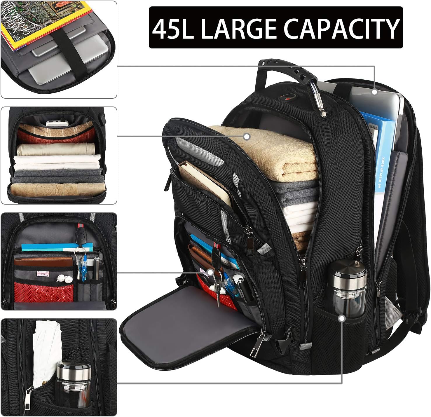 Sac à dos pour ordinateur portable extra large pour femmes et hommes, Noir/argenté, 17inch(19.0 * 14.6 * 10"), Suisse, voyage, plein air, très résistant