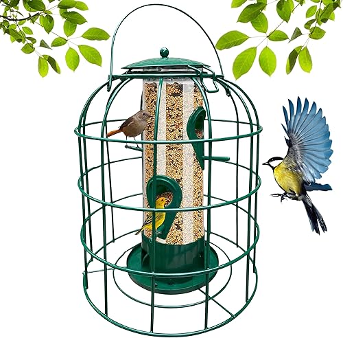 Garden Guru - Comedero para pájaros a prueba de ardillas, tubo enjaulado para colgar al aire libre con 4 perchas para pájaros silvestres pequeños,