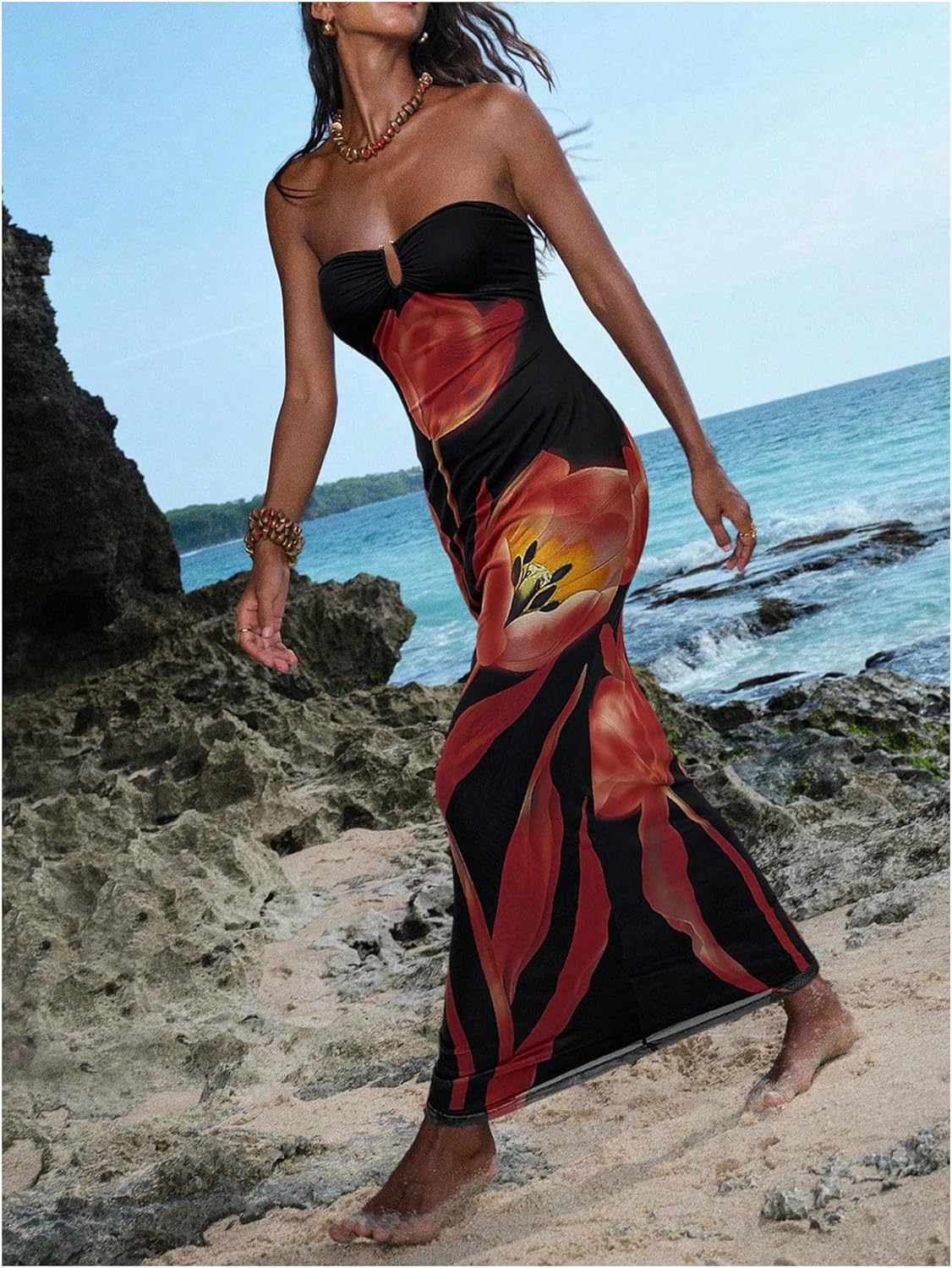 WDIRARA Women's Floral Strapless Bodycon Maxi Dress Sleeveless Long Tube Dresses - Image 4