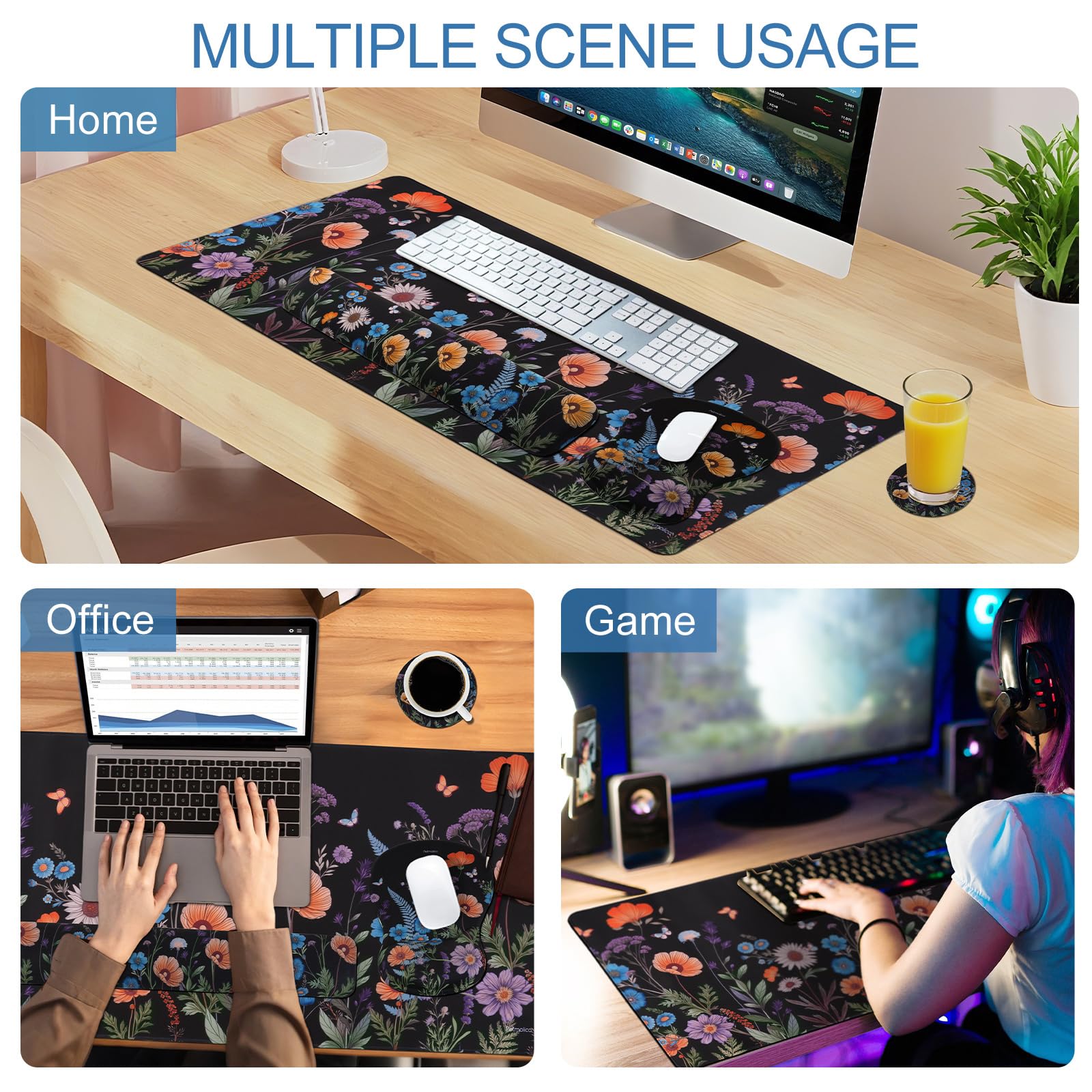 Petmolico Grand repose-poignet pour clavier 4 en 1 - Support de poignet pour ordinateur - Design ergonomique - Motif floral noir, orange et bleu