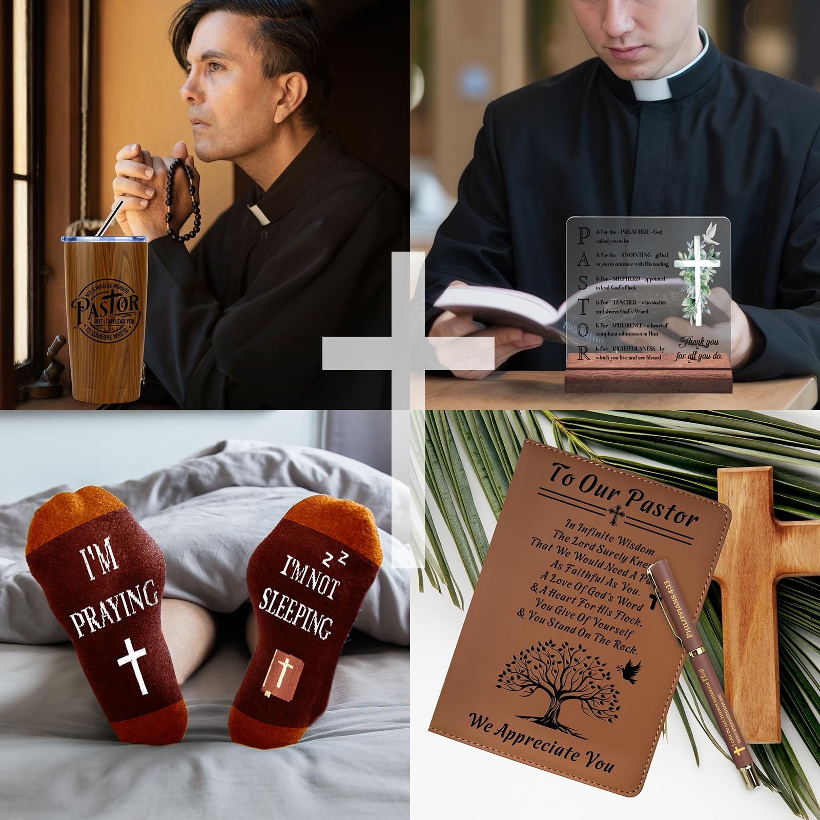 Pastor Gifts for Men, Pastors Appreciation Gift Set with 20 Oz Tumbler Socks Acrylic Plaque Leather Journal Notebook Engraved Pen Bookmark Keychain for Dad, Husband, Grandpa, Male Friends, Coworker