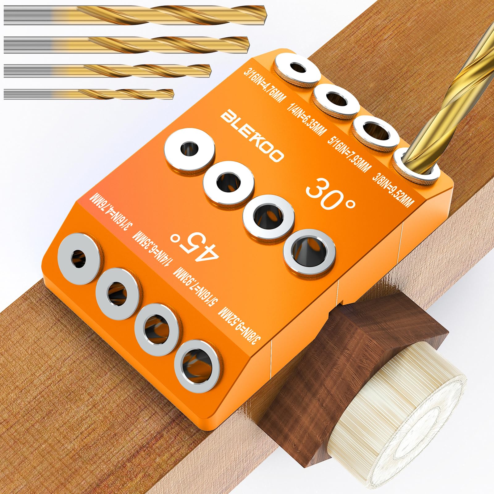 BLEKOO Orange Angled Drill Guide Jig with 4 Bits for Wood Posts & Cable Railing Lag Screw Kit, Durable All Metal Drill Jig for Drilling 30°, 45°, 90°