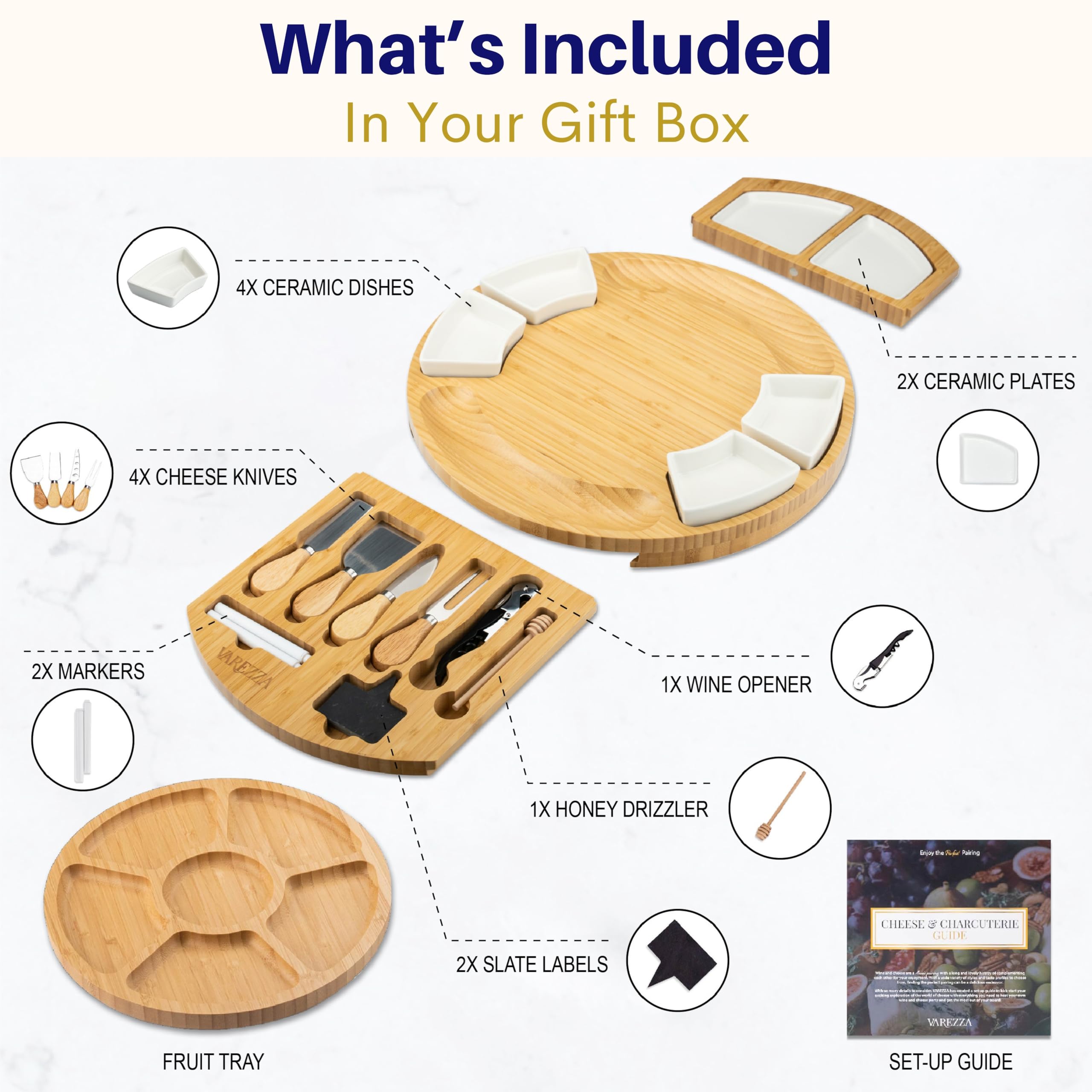 VAREZZA Juego de tablas de charcutería extragrandes: tabla redonda de bambú de 16 pulgadas y juego de cuchillos, bandeja de queso, plato de queso de frutas de bambú, 10 tablas de embutidos, regalos de