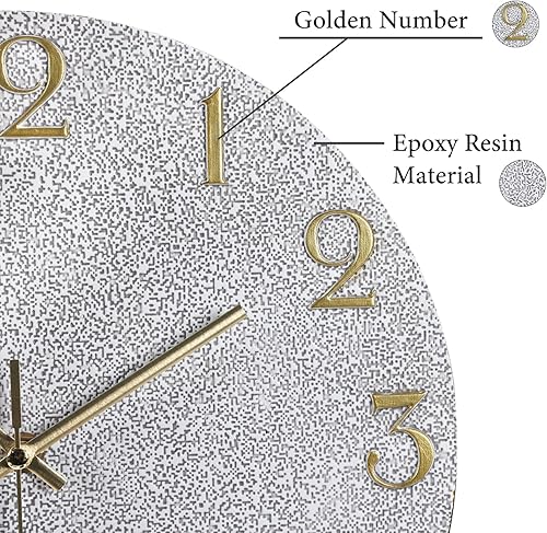 Miniatura 9 de JoFomp Reloj de pared con pilas, reloj de pared moderno de madera silencioso sin tictac de 12 pulgadas, reloj de pared de cuarzo blanco y dorado,