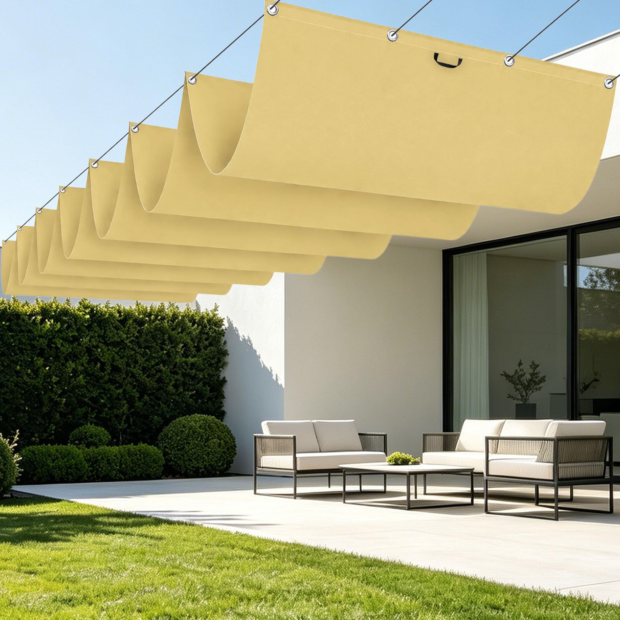 Toile d'ombrage rétractable pour protéger une grande terrasse du soleil